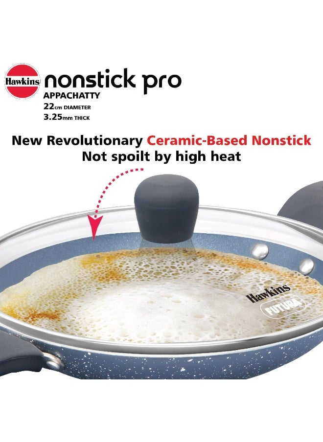 HAWKINS Nonstick Pro 0.9 Litre Appachatty, Mini Kadhai, Appachatti, Appachetty, Appam Pot Maker, Deep Fry Pan with Glass Lid, Granite Kadai