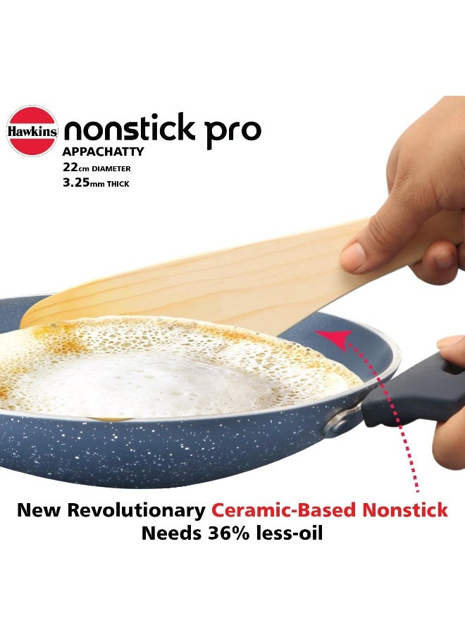 HAWKINS Nonstick Pro 0.9 Litre Appachatty, Mini Kadhai, Appachatti, Appachetty, Appam Pot Maker, Deep Fry Pan with Glass Lid, Granite Kadai
