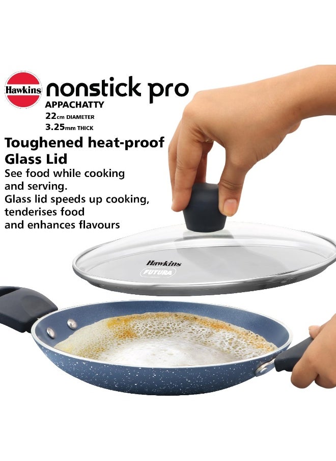 HAWKINS Nonstick Pro 0.9 Litre Appachatty, Mini Kadhai, Appachatti, Appachetty, Appam Pot Maker, Deep Fry Pan with Glass Lid, Granite Kadai