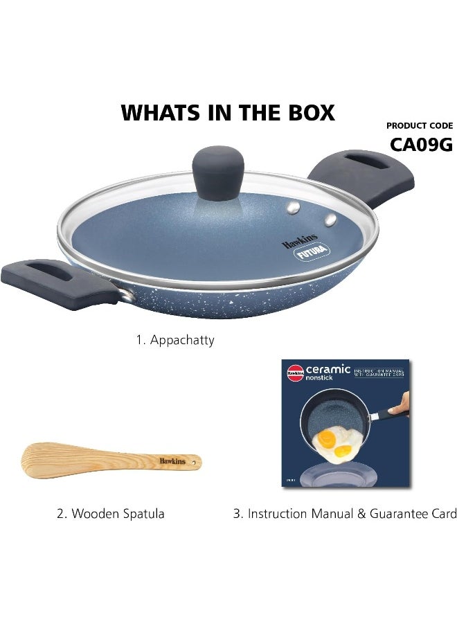 HAWKINS Nonstick Pro 0.9 Litre Appachatty, Mini Kadhai, Appachatti, Appachetty, Appam Pot Maker, Deep Fry Pan with Glass Lid, Granite Kadai