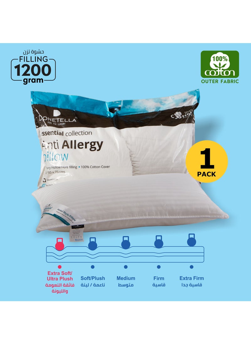 Cotton Pillow Hotel Style, 1200 Gms, 1 Piece, Size 50x75 cm, Satin Stripes, Double Edge Stitched Premium Gel Fiber, Soft & Plush Bed Pillow