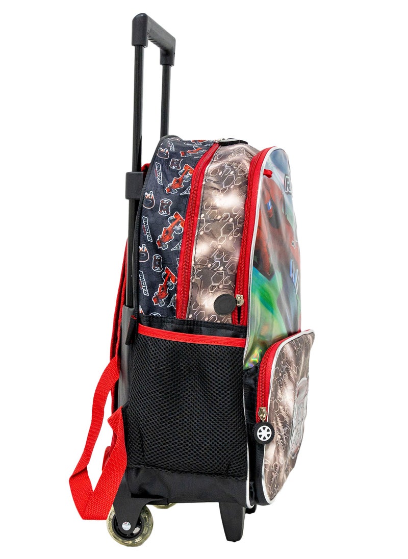 LIVEUP School Trolley Bag For Kids Cartoon Racing Car Print Red Color With Lunch Bag And Pencil Case (44*31*22)