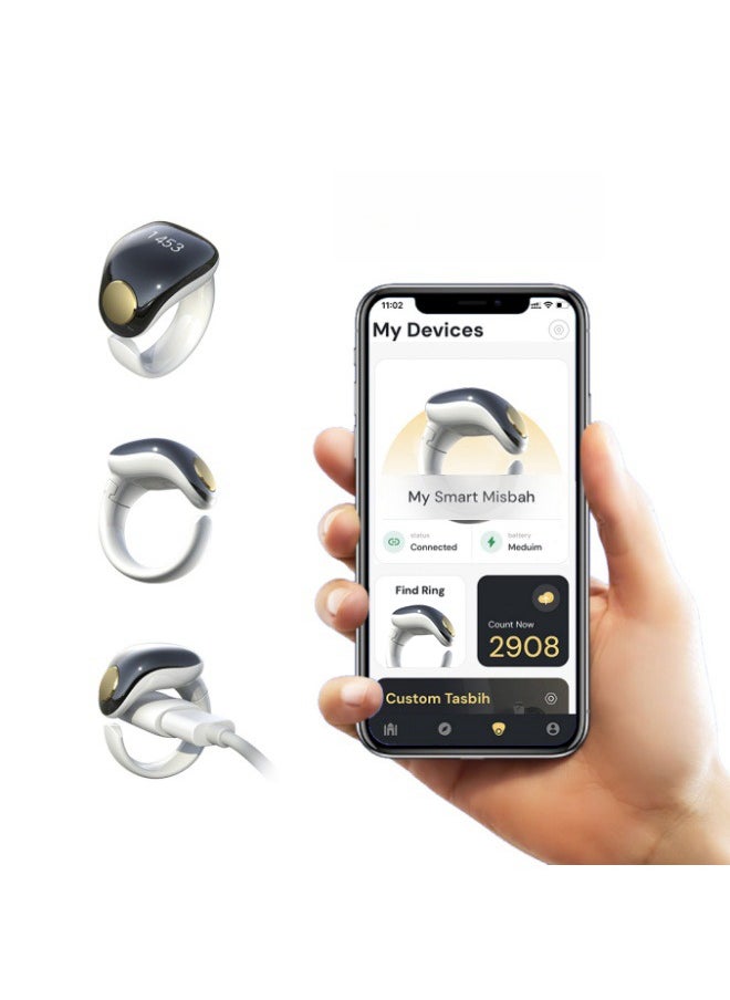 Tasbih Zikr Smart Ring, Adjustable Finger Counter, 5 Sizes (16/18/20/22/24 mm), APP Supported Digital Counter Prayer Reminder Ring, Waterproof 4-Digit Muslim Finger Counter Zikr Ring (Black + White).