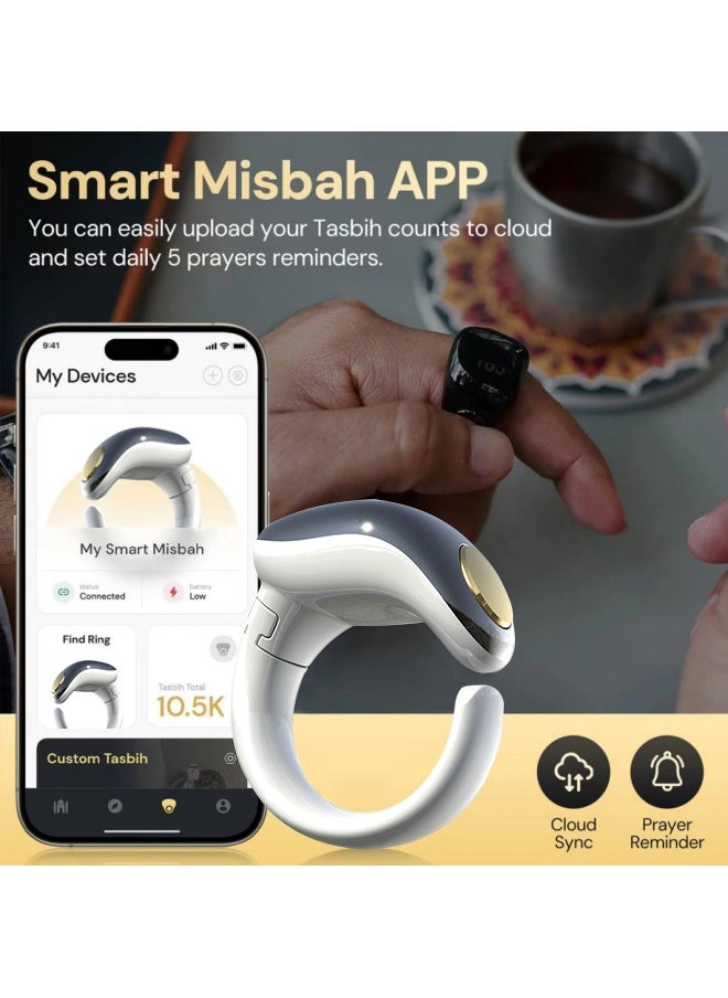 Tasbih Zikr Smart Ring, Adjustable Finger Counter, 5 Sizes (16/18/20/22/24 mm), APP Supported Digital Counter Prayer Reminder Ring, Waterproof 4-Digit Muslim Finger Counter Zikr Ring (Black + White).