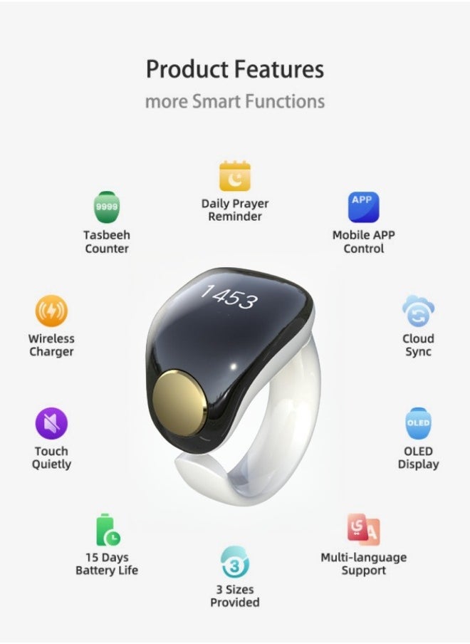Tasbih Zikr Smart Ring, Adjustable Finger Counter, 5 Sizes (16/18/20/22/24 mm), APP Supported Digital Counter Prayer Reminder Ring, Waterproof 4-Digit Muslim Finger Counter Zikr Ring (Black + White).