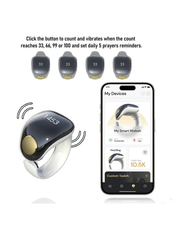 Tasbih Zikr Smart Ring, Adjustable Finger Counter, 5 Sizes (16/18/20/22/24 mm), APP Supported Digital Counter Prayer Reminder Ring, Waterproof 4-Digit Muslim Finger Counter Zikr Ring (Black + White).