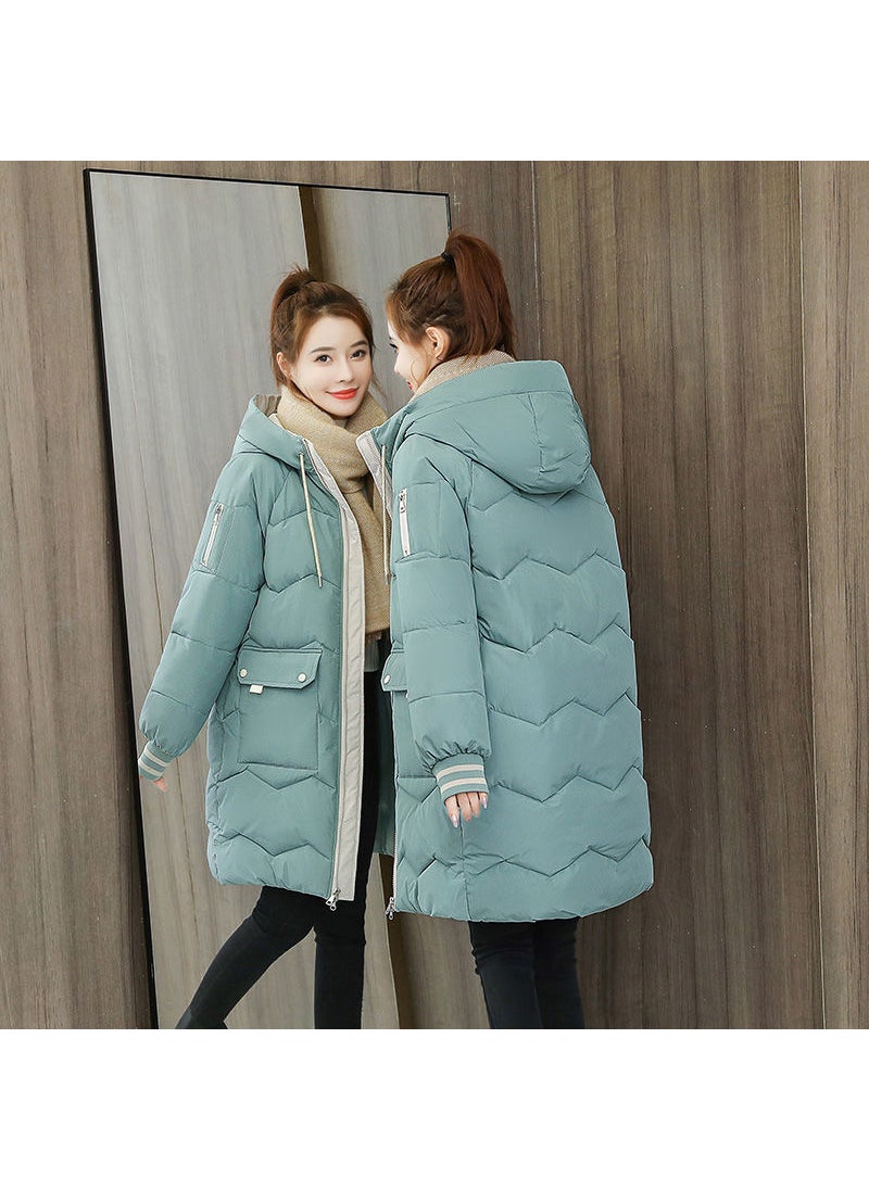 2023 Winter Womens Padded Down Coat Korean Style Mid-Length Loose Blue