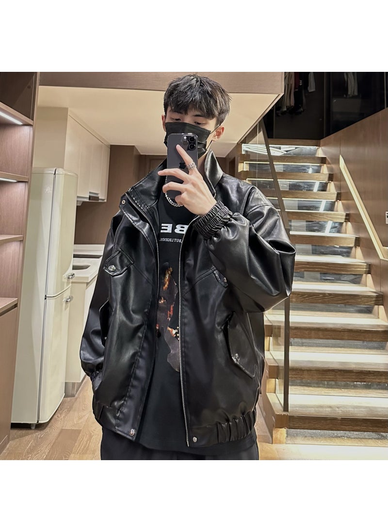Mens Retro Oversize PU Leather Jacket Brown