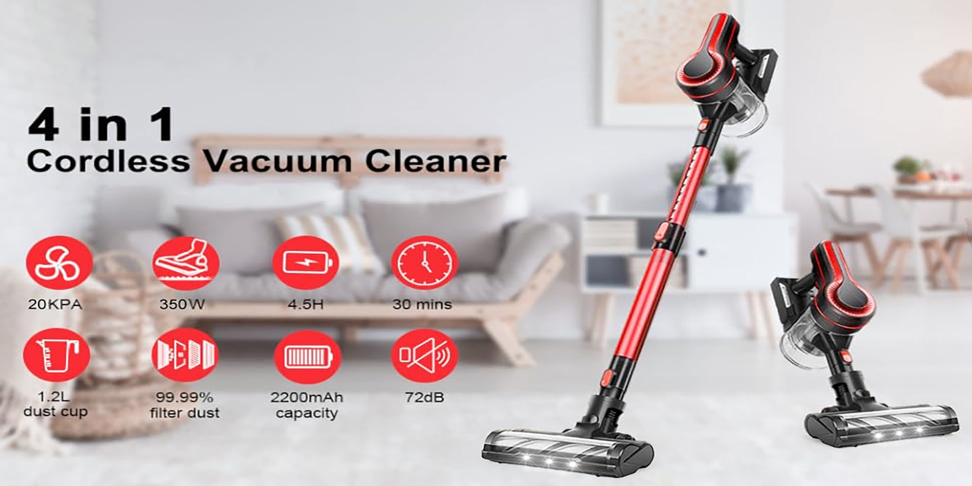 H350R Cordless Vacuum Cleaner with 30KPa, 4 in 1 Lightweight Stick Vacuum Cleaner with 350W Motor and Detachable Battery