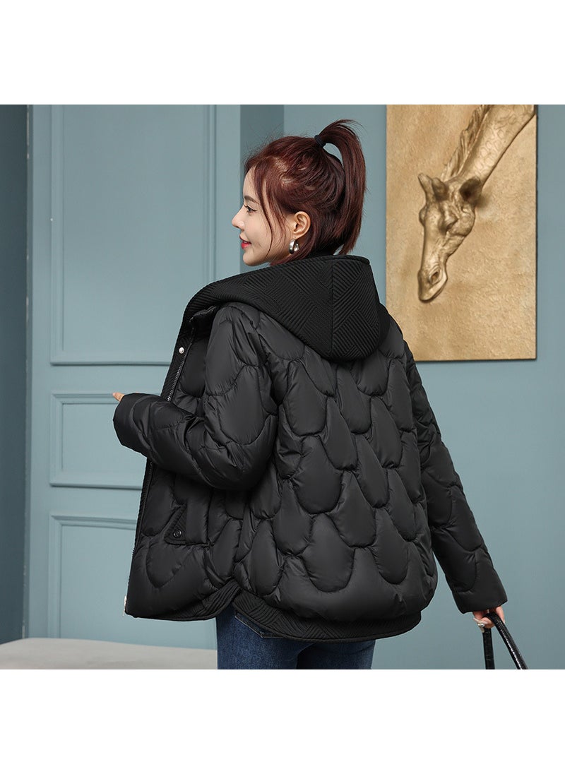 Faux Layered Down Cotton Jacket Womens Winter Petite Short Korean Loose Bread-Coat Khakis