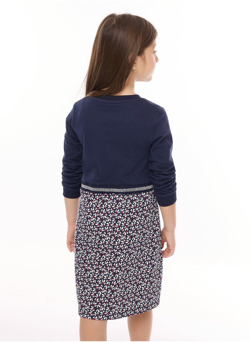 Floral Applique With Glitter Print and Silver matching waist Rib - Girls Dress