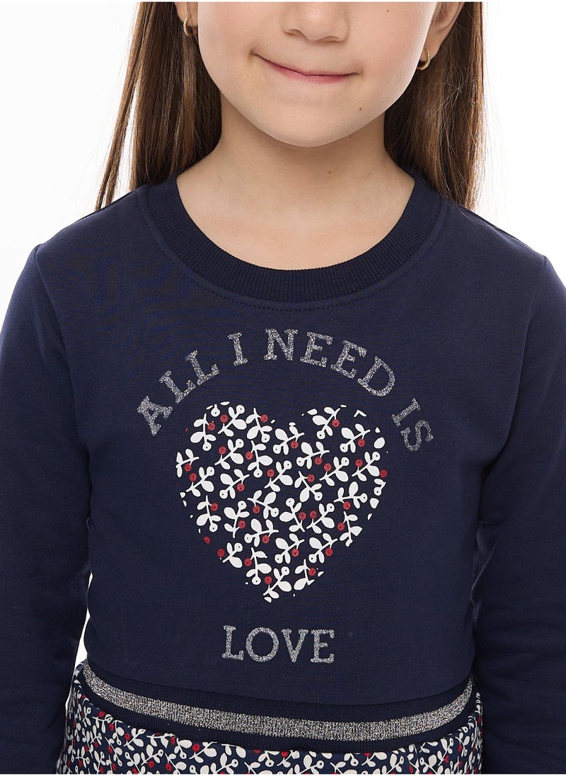 Floral Applique With Glitter Print and Silver matching waist Rib - Girls Dress