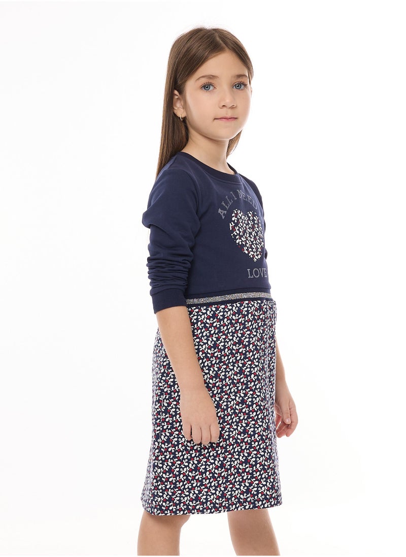 Floral Applique With Glitter Print and Silver matching waist Rib - Girls Dress