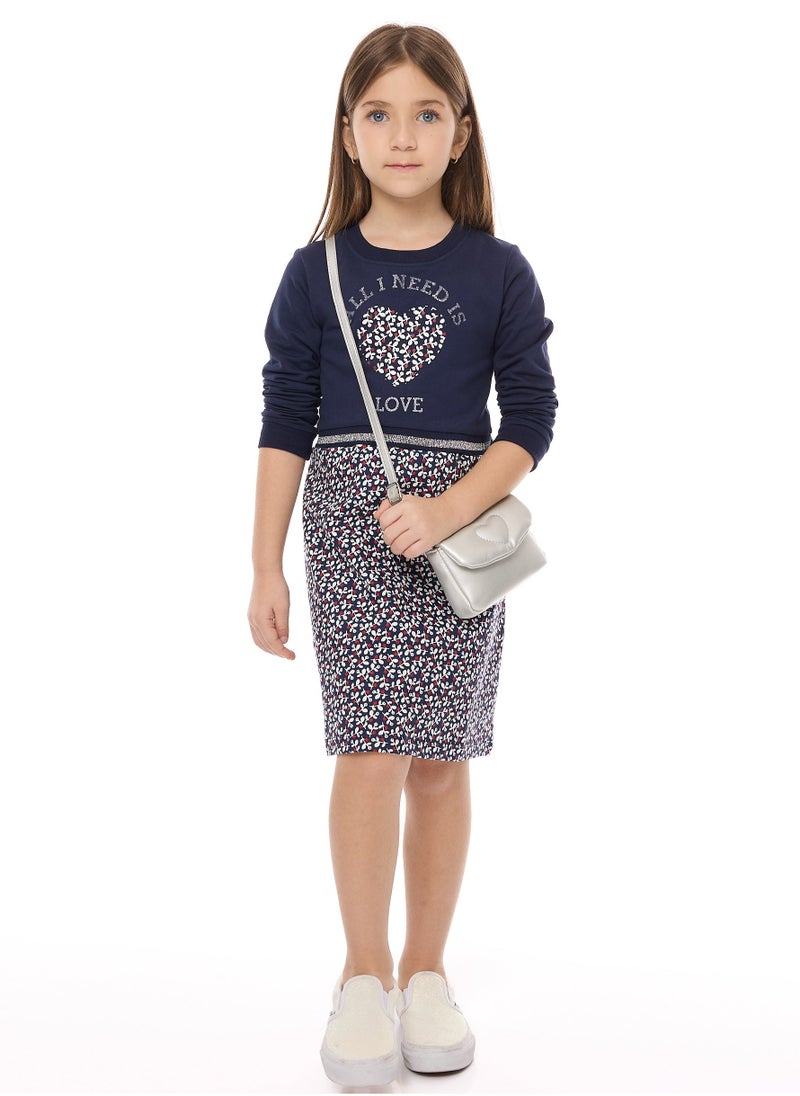 Floral Applique With Glitter Print and Silver matching waist Rib - Girls Dress