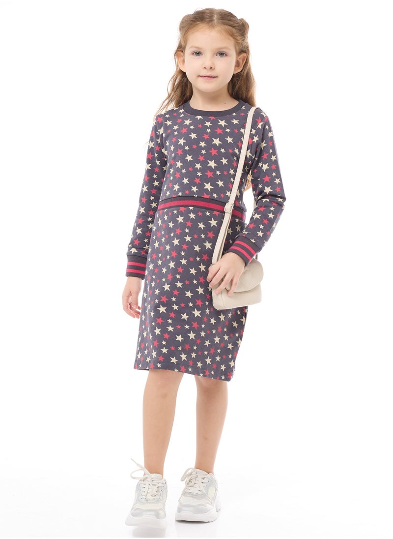 Silver print Star dress with matching waist Rib- Girls Dress