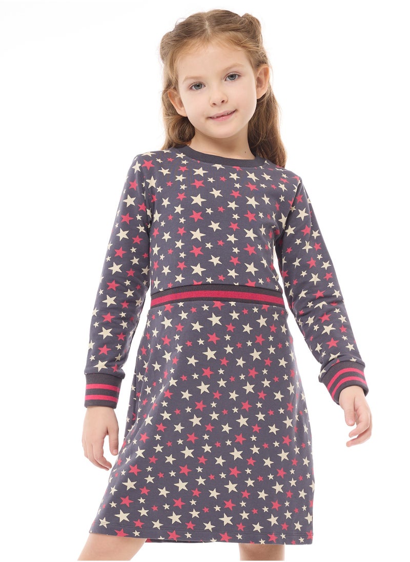 Silver print Star dress with matching waist Rib- Girls Dress