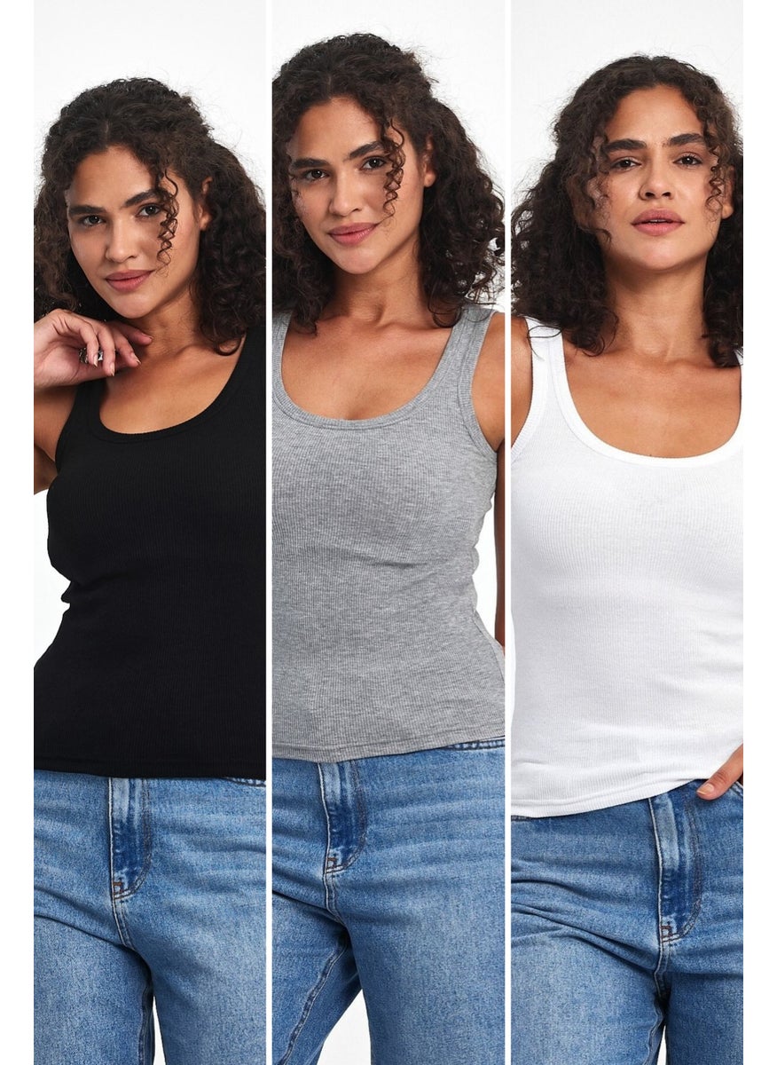 Women's Black-White-Grey Ribbed Look Strappy Thick 3-Piece Basic Athlete Blouse