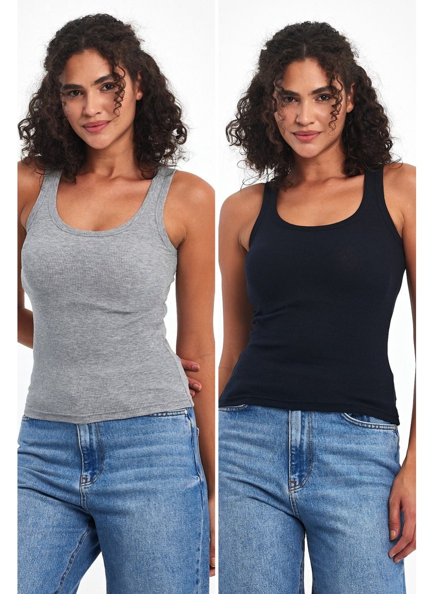 Women's Black-White Ribbed Look Strappy Thick 2-Piece Basic Athlete Blouse