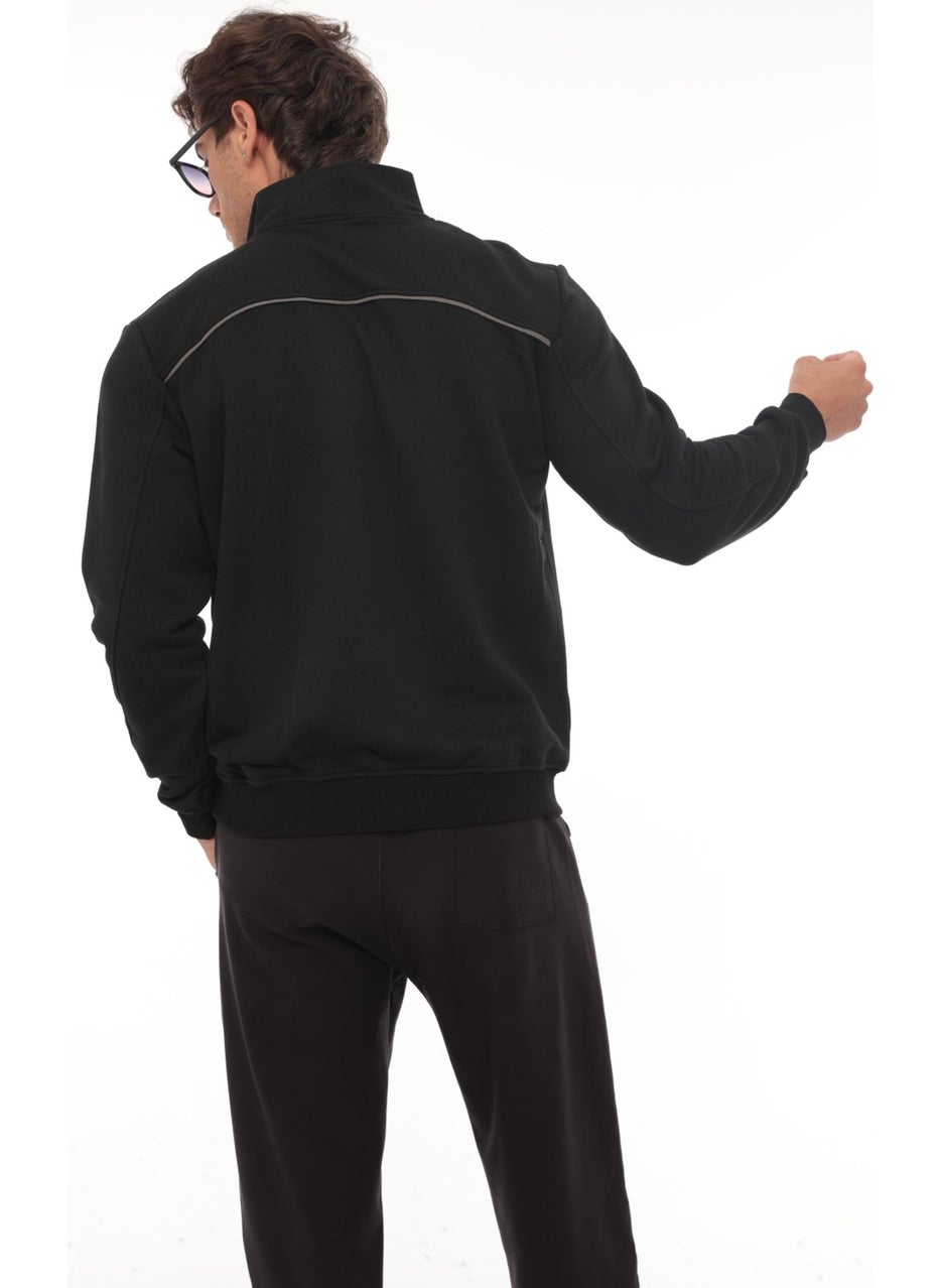Black Triple Thread Zipper Embroidered Detail Regular Fit Sweatshirt - 2327