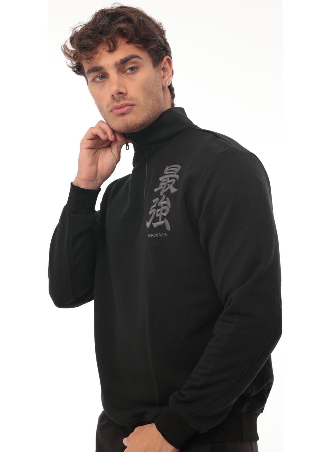 Black Triple Thread Zipper Embroidered Detail Regular Fit Sweatshirt - 2327