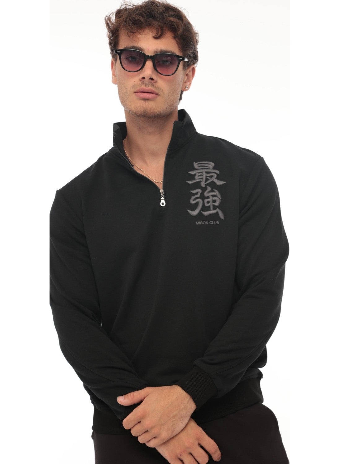 Black Triple Thread Zipper Embroidered Detail Regular Fit Sweatshirt - 2327