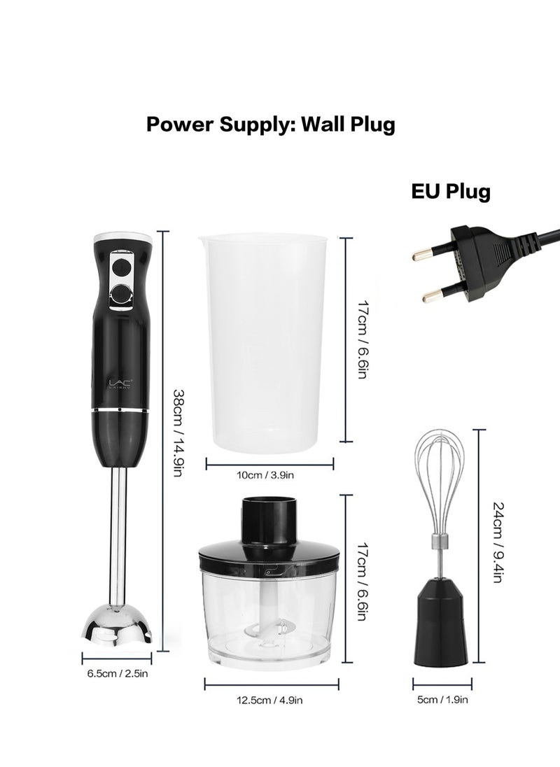 4 in 1 Blender, Hand Blender Electric 500W 2-Speed and Turbo Mode, Immersion Blender with 500ml Food Chopper, 600ml Container, Milk Frother, Egg Whisk, for Smoothie Sauces Food Soups