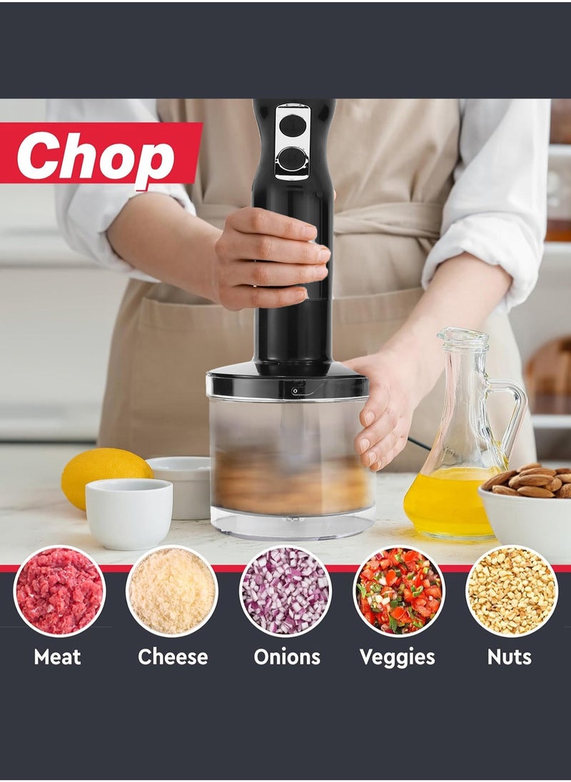4 in 1 Blender, Hand Blender Electric 500W 2-Speed and Turbo Mode, Immersion Blender with 500ml Food Chopper, 600ml Container, Milk Frother, Egg Whisk, for Smoothie Sauces Food Soups