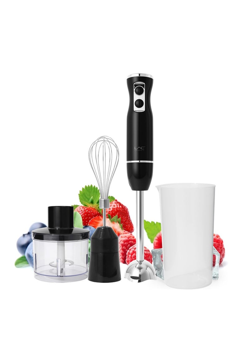4 in 1 Blender, Hand Blender Electric 500W 2-Speed and Turbo Mode, Immersion Blender with 500ml Food Chopper, 600ml Container, Milk Frother, Egg Whisk, for Smoothie Sauces Food Soups