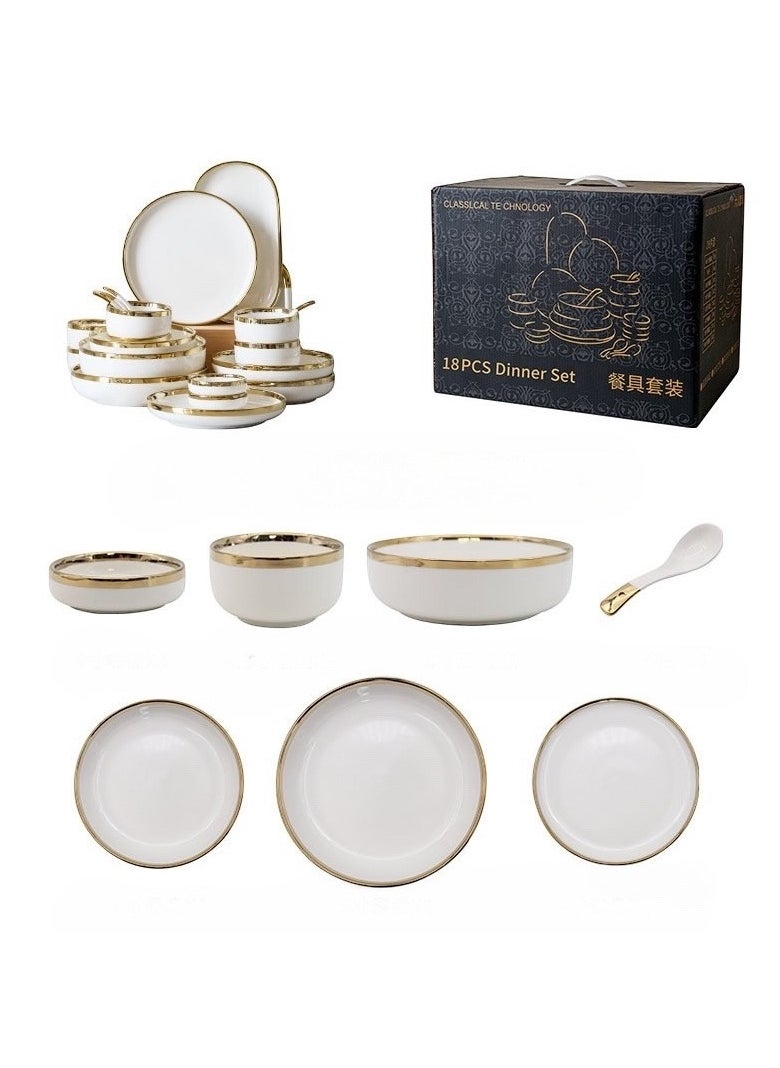 Elegant White With Gold Line Rim 18-Piece Dinnerware Set for 3-4 People - Premium Porcelain Set