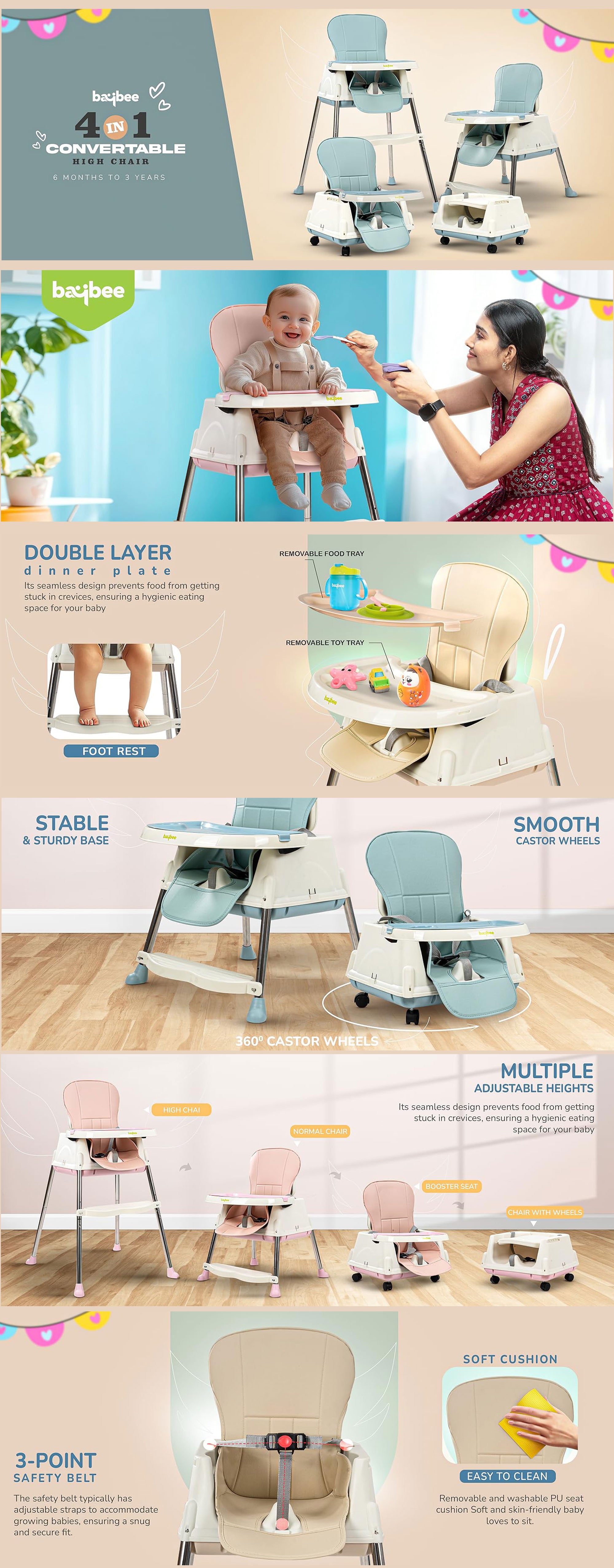 4 In 1 Baby High Chair for kids With Adjustable Height, Footrest, Tray And Belt For 6 Months to 3 Years Beige