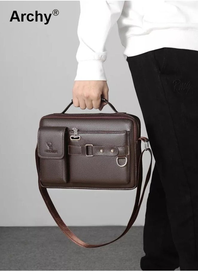 Dark Brown Business Messenger Shoulder Bag Retro Chic PU Leather Portable Crossbody/Shoulder Bag