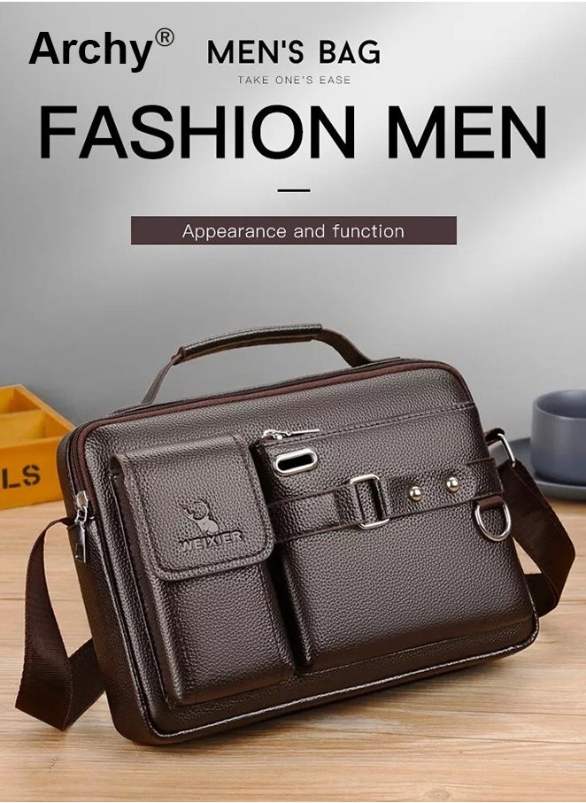 Dark Brown Business Messenger Shoulder Bag Retro Chic PU Leather Portable Crossbody/Shoulder Bag