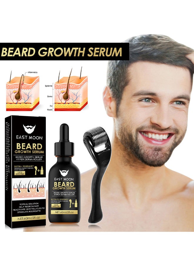 Beard Growth Serum Hyper Derma Roller, Men Rosemary Oil Moustache Growth Enhancer ​Anti Hair Loss Care Serum With Beard Rolle 60ML