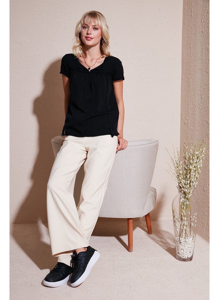 Tie Collar Short Sleeve Regular Fit Blouse Women's Blouse 5865641