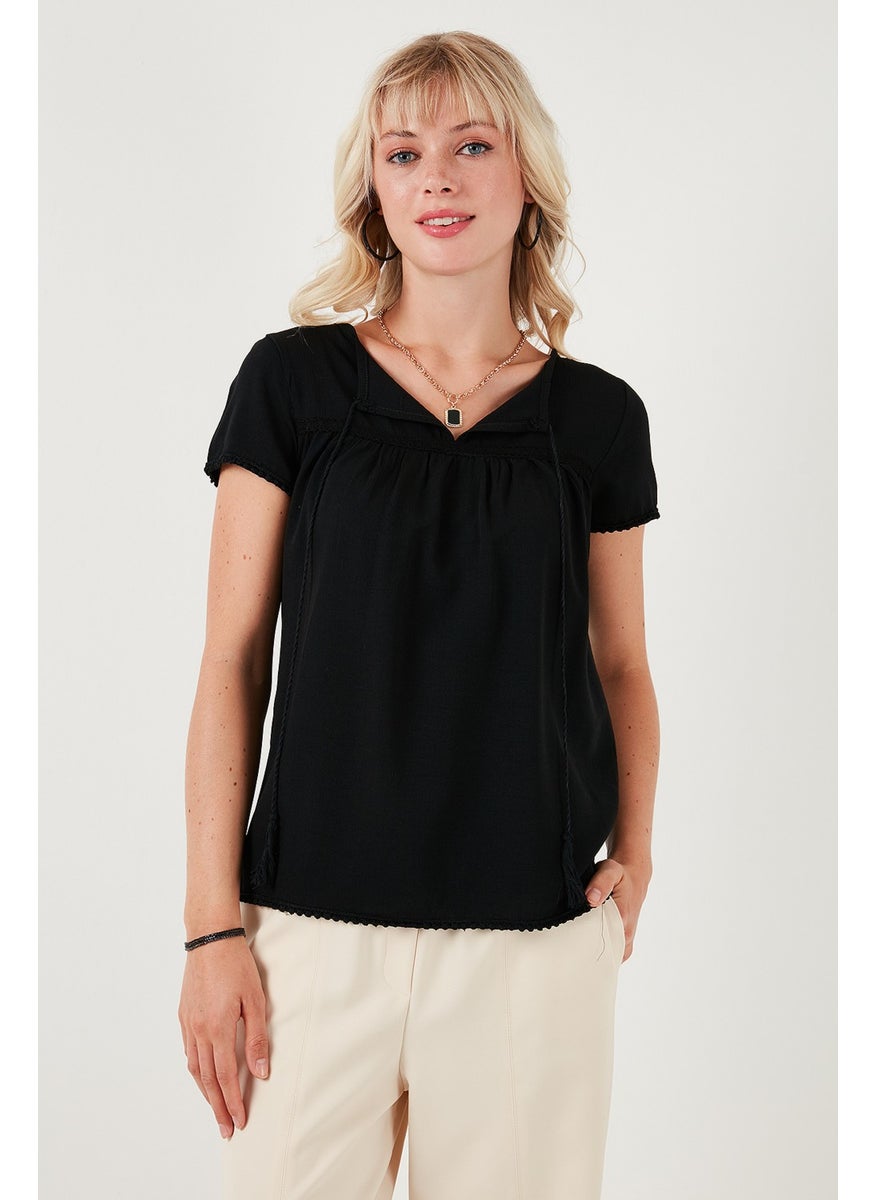 Tie Collar Short Sleeve Regular Fit Blouse Women's Blouse 5865641