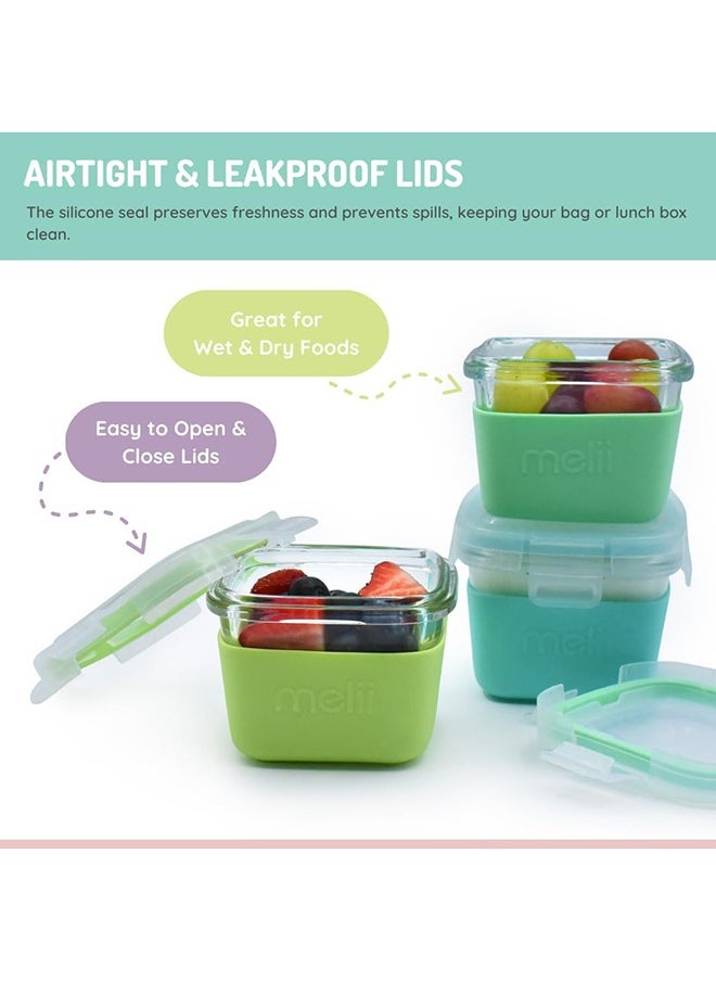 Glass Food Storage Containers with Silicone Sleeve, Resistant Borosilicate, Airtight & Leakproof Locking Lid, Oven, Microwave, Freezer & Dishwasher safe, 5.4oz - Mint, Blue, Lime