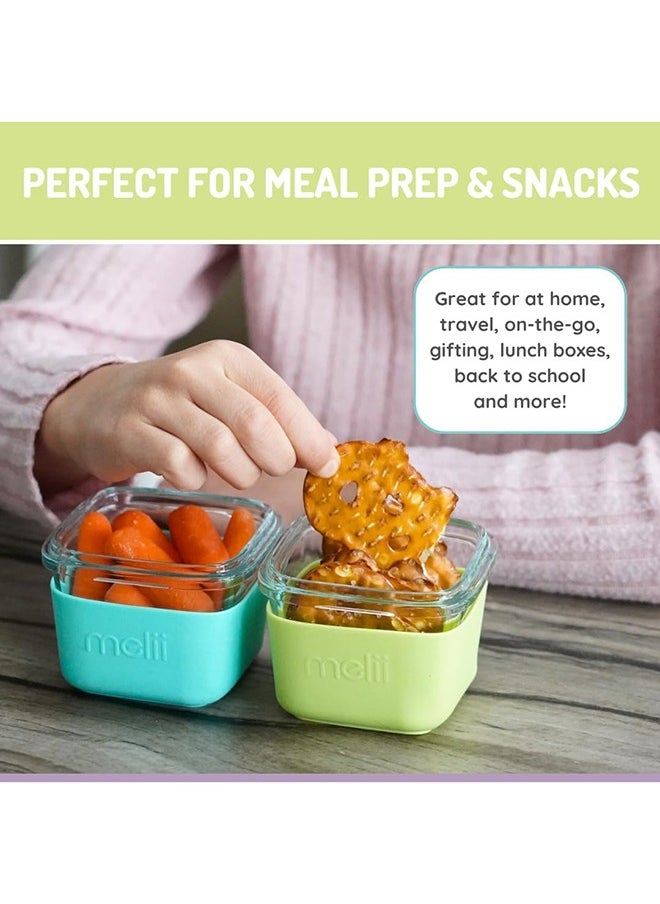 Glass Food Storage Containers with Silicone Sleeve, Resistant Borosilicate, Airtight & Leakproof Locking Lid, Oven, Microwave, Freezer & Dishwasher safe, 5.4oz - Mint, Blue, Lime