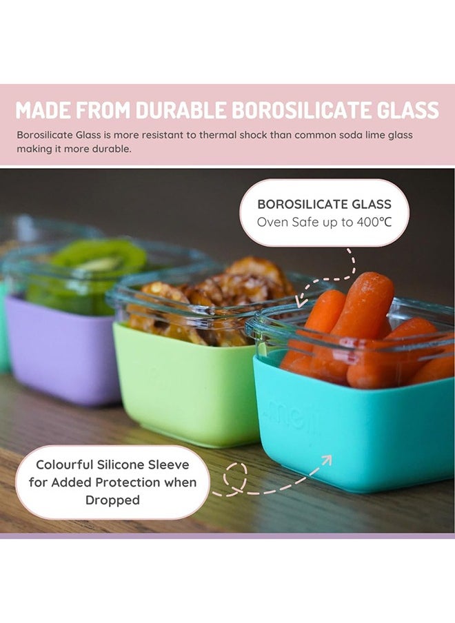 Glass Food Storage Containers with Silicone Sleeve, Resistant Borosilicate, Airtight & Leakproof Locking Lid, Oven, Microwave, Freezer & Dishwasher safe, 5.4oz - Mint, Blue, Lime
