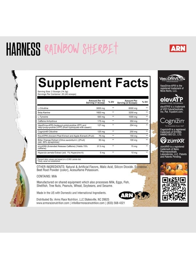 Arms Race Nutrition ARN Harness Pre-Workout Supplement - Rainbow Sherbet Flavor, Energy, Focus, Pump Boost, 20 Servings