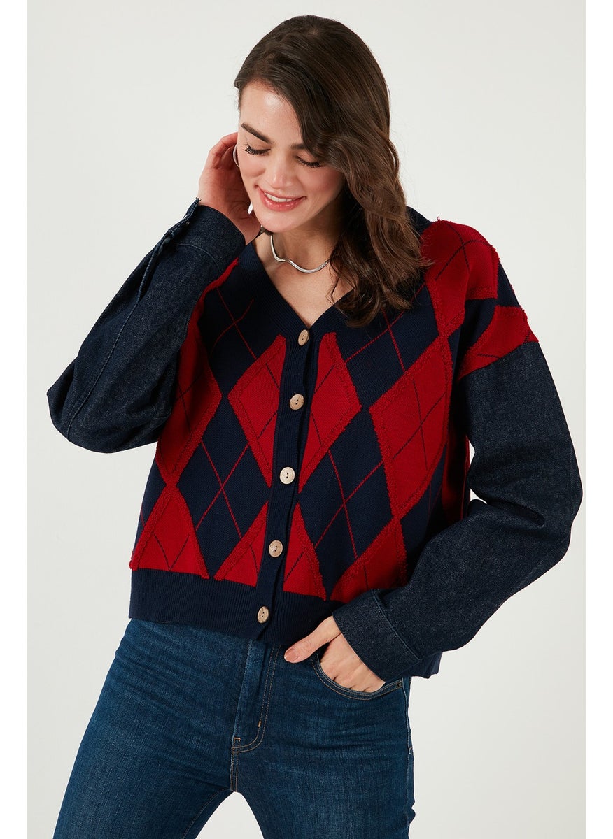 Patterned Regular Fit Buttoned V Neck Crop Cardigan Women's CARDIGAN 4615553