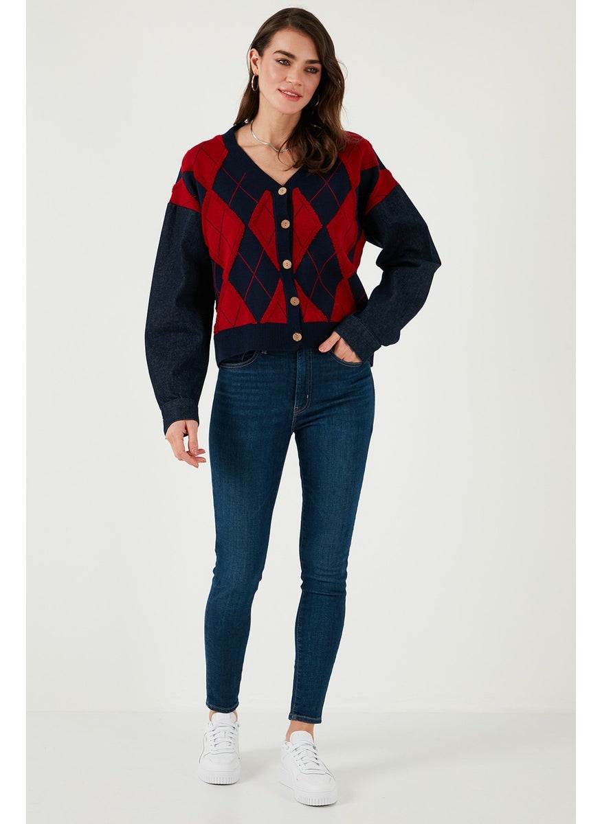 Patterned Regular Fit Buttoned V Neck Crop Cardigan Women's CARDIGAN 4615553