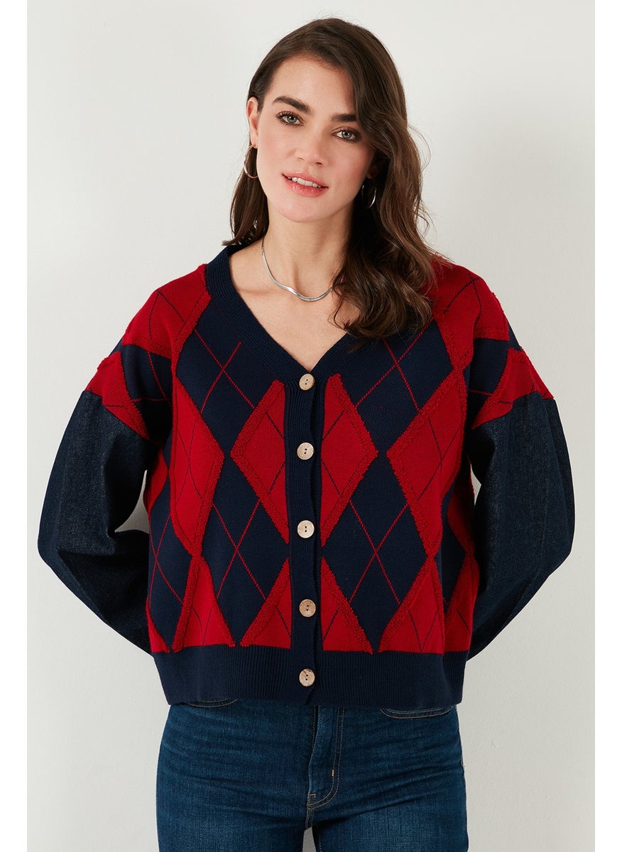 Patterned Regular Fit Buttoned V Neck Crop Cardigan Women's CARDIGAN 4615553