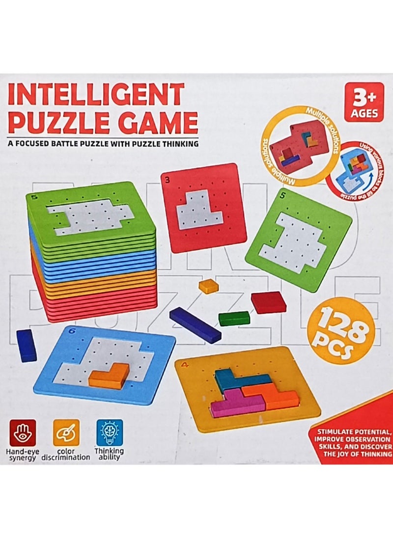 Intelligent Puzzle Game for Kids - 128 Piece Wooden Block Set for Color Recognition, Hand-Eye Coordination, and Critical Thinking Development - Ages 3+