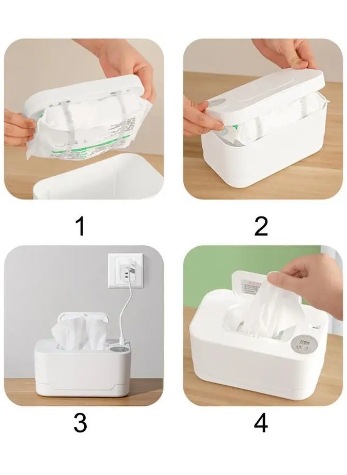 Baby Wipe Warmer, USB Powered Wipe Warmer with Thermostat Temperature, Portable Wipe Warmer, Silent & Moisturizing, Heat Preservation for Baby Wipes, Tissues, Wet Wipes Dispenser for Travel and Home Use, White, Mechanical WITHOUT LED Display and Control Button