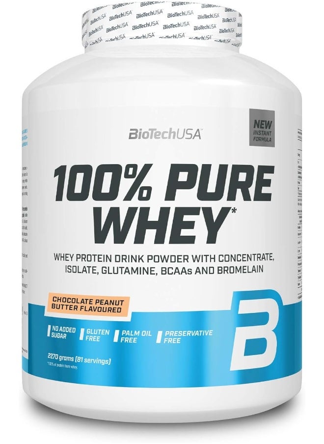 BioTechUSA 100% Pure Whey Protein Complex with Bromelain Enzyme, Amino Acids, Sweeteners and No Added Sugar, Palm Oil Free, 2.27 kg, Chocolate-Peanut Butter