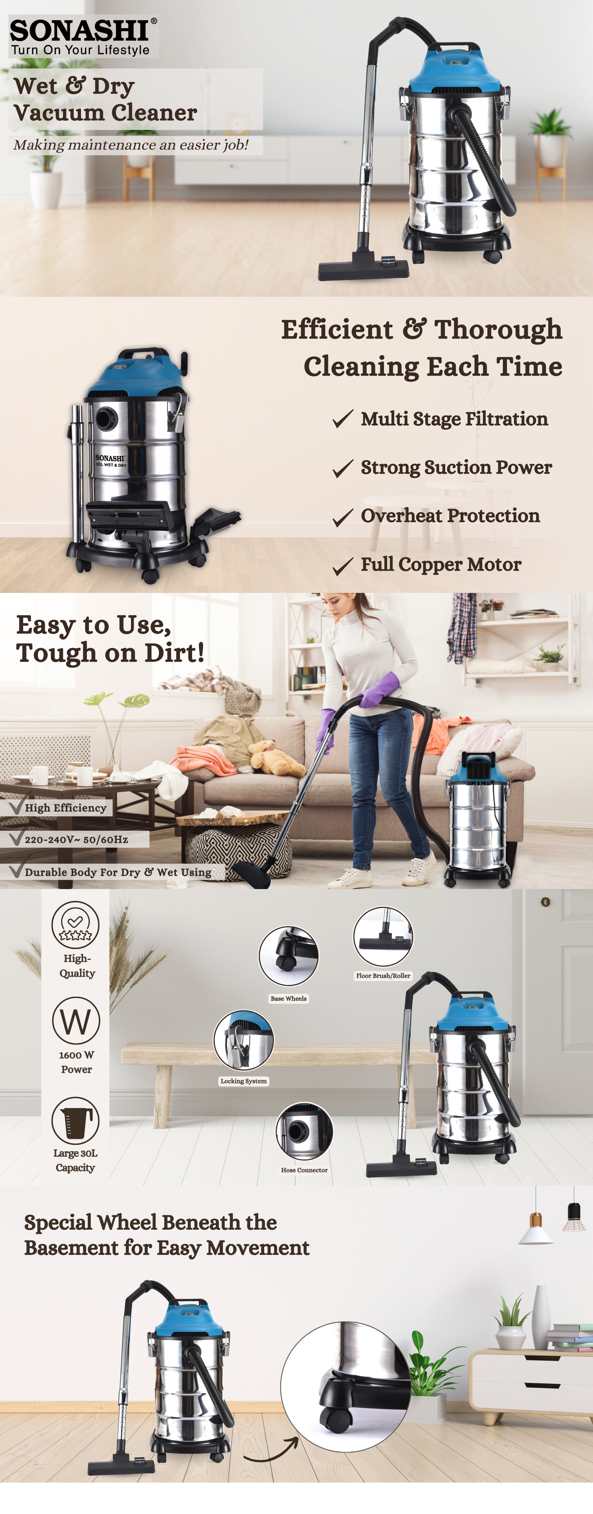 30L Wet & Dry Vacuum Cleaner - Multi Stage Filtration |  Strong Suction with Blow Function | Low Noise with Overheat Protection | Vacuum for Home/Office Use 30 L 1600 W SVC-9030D Silver