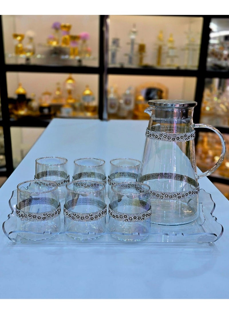 Stylish Glass Pitcher Set With Six Matching Tumblers Perfect For Serving Beverages Sleek Design With A Metal Lid  And Handle Ideal For Modern Dining Setting