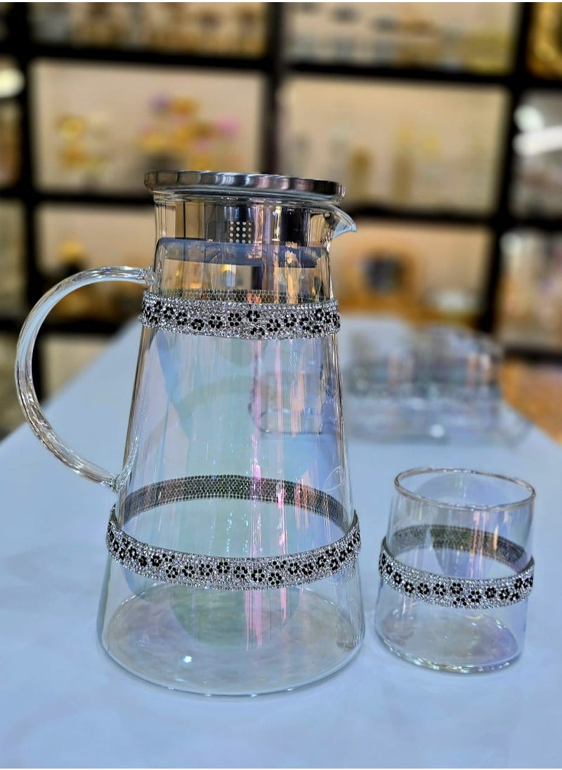Stylish Glass Pitcher Set With Six Matching Tumblers Perfect For Serving Beverages Sleek Design With A Metal Lid  And Handle Ideal For Modern Dining Setting