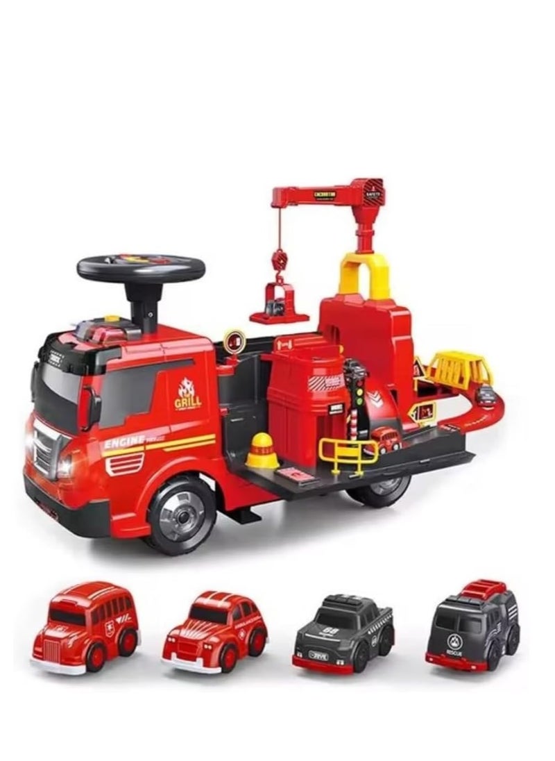 UKR 2-in-1 Ride-On Fire Truck Playset – Red | Toddler Push Car with Steering Wheel, Interactive Sounds, Crane & 4 Toy Cars | Fire Engine & Traffic Playset for Kids
