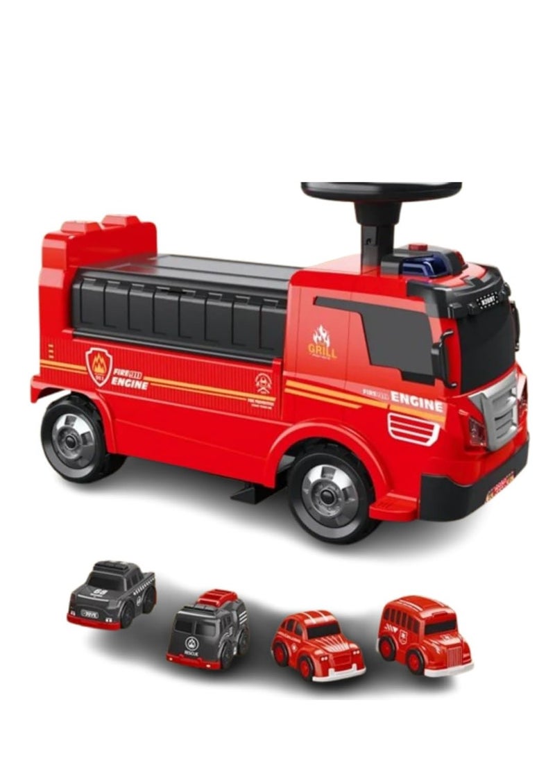 UKR 2-in-1 Ride-On Fire Truck Playset – Red | Toddler Push Car with Steering Wheel, Interactive Sounds, Crane & 4 Toy Cars | Fire Engine & Traffic Playset for Kids